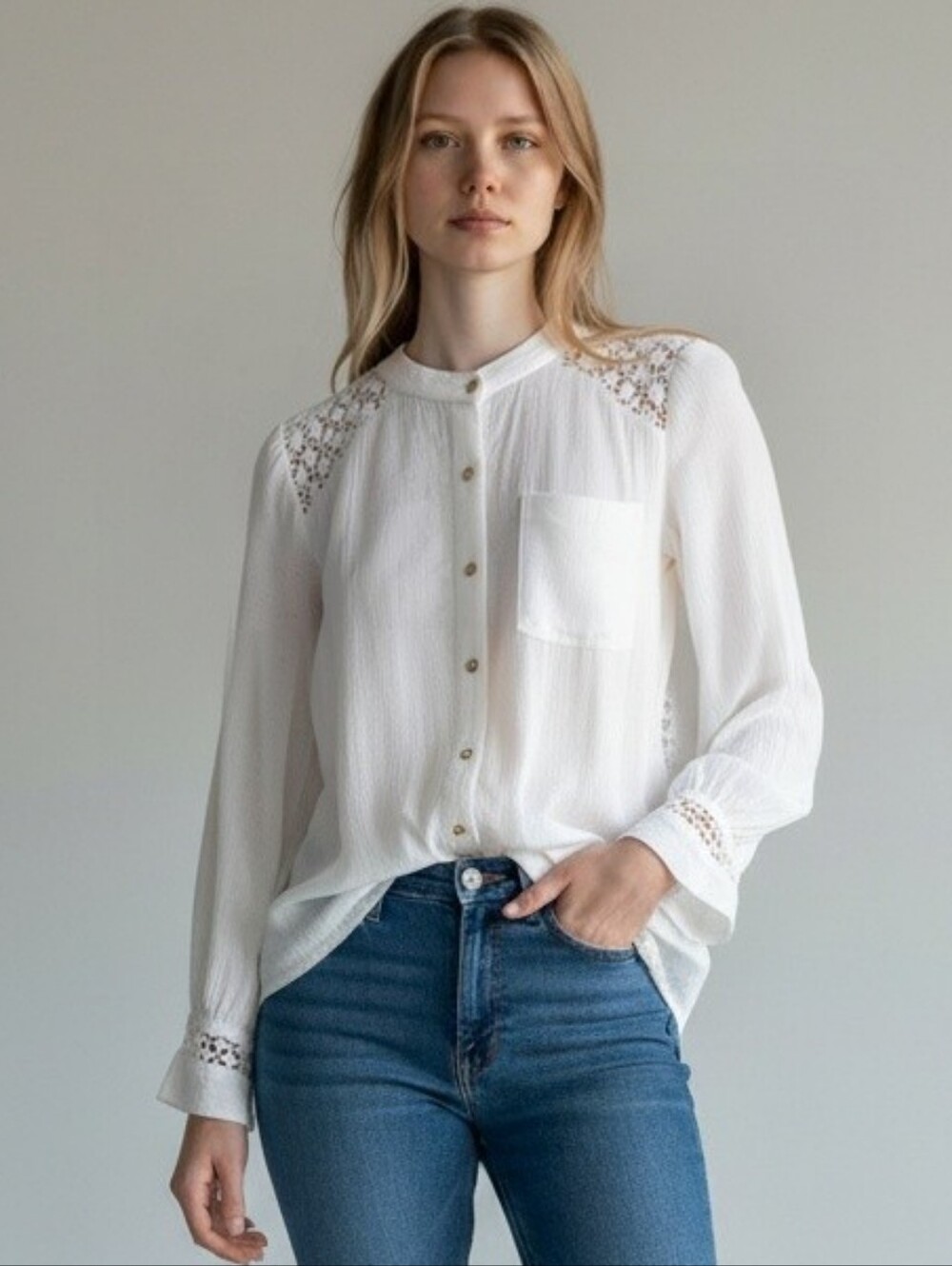 Free People Oversized Viscose/Cotton  Lace Yoke Button Down Blouse in White.